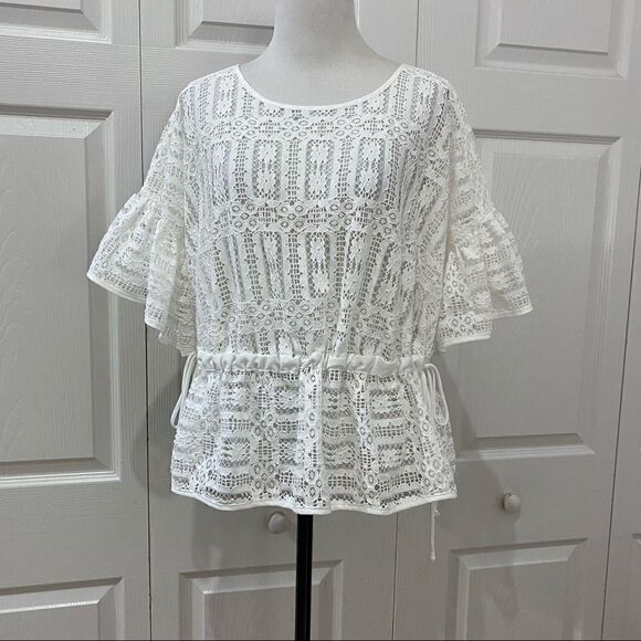 ANA A New Approach White Lace Ruffle Sleeve Sheer Peplum Top Blouse - Picture 11 of 11